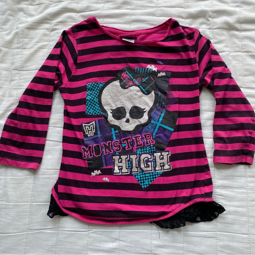 monster high Pink & Black Striped Skull Long Sleeve Tee